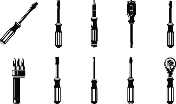 Black silhouette screwdriver and ratchet wrench icon collection featuring ten unique designs minimalistic tool illustration representing flathead Phillips multi bit