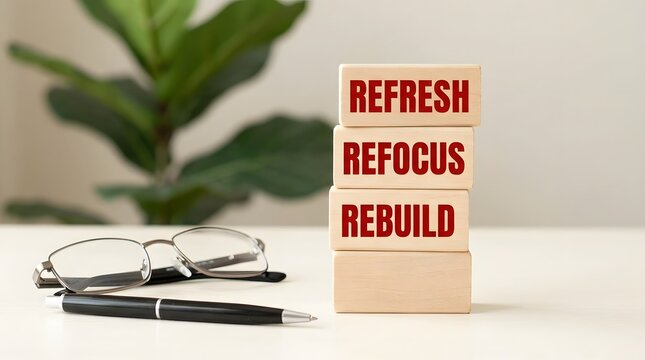 Wooden blocks with refresh refocus rebuild business motivation text
