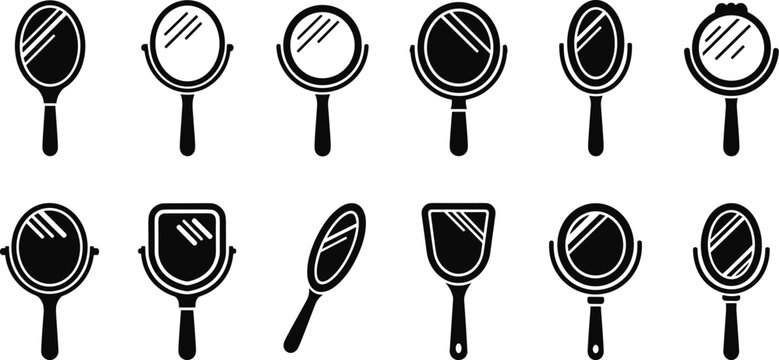 Handheld mirror silhouette icons set, beauty reflection tool, makeup accessory, vanity design, black vector illustration, isolated cosmetic concept