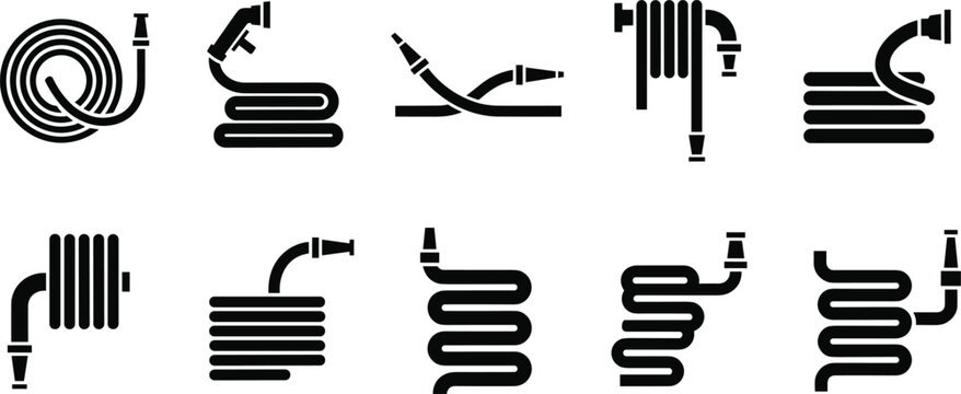 Hose silhouette icons set, water pipe and garden tool design, plumbing and irrigation concept, black vector isolated graphic style
