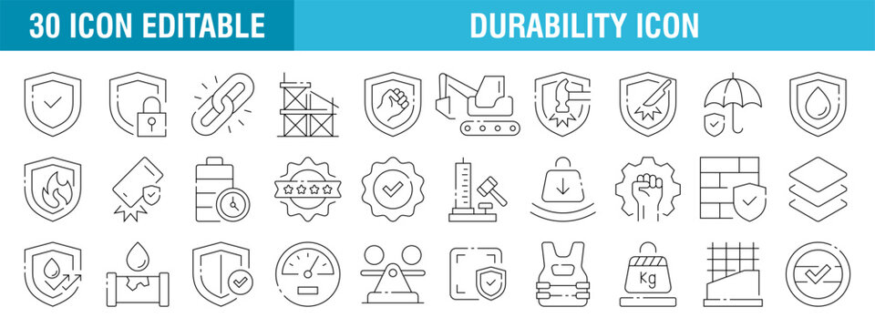 Collection of durability icons. Protection, Strong, hammer, shield, quality guarantee. Vector template editable stroke EPS 10.