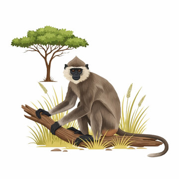 Highly detailed vector illustration of a gray langur monkey sitting on a fallen wooden log in a savanna landscape with tall yellow grass and an acacia tree on a white background.