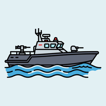 Modern military patrol boat with cannons on blue water.