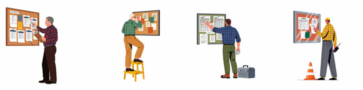 Workers and supervisors checking shift schedules, notice boards, and task lists in industrial or office settings, flat vector illustration.