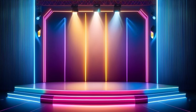 vibrant neon stage with colorful panels and spotlights for tv show game show or live event