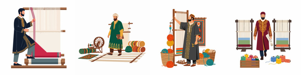 Fototapeta premium Set of flat vector illustrations depicting men in traditional clothing practicing the ancient art of handmade carpet weaving and textile craftsmanship.