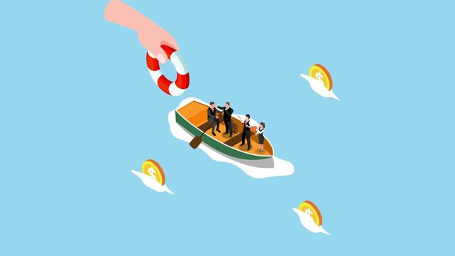 Business Rescue and Financial Support Concept with Businesspeople in Boat and Lifebuoy 3d animation cartoon