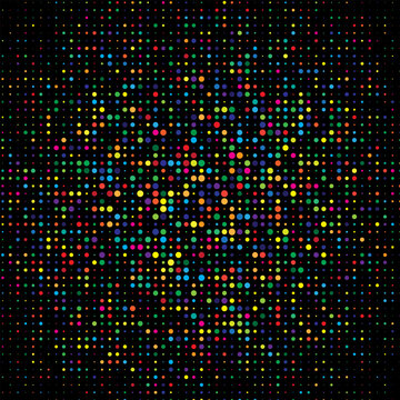 Colorful halftone dots. Rainbow geometric gradient for pop art designs. Geometric vintage monochrome fade wallpaper. Pop art print. Dotted geometric retro pattern. Comic halftone background.