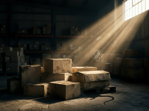 Dusty warehouse interior with rats scurrying around old storage boxes