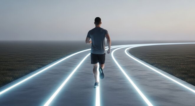 Athlete running on illuminated track in futuristic digital landscape