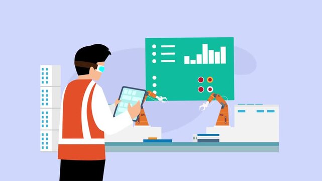 Smart Factory Engineer Using AR Glasses and Tablet to Control Robotic Arms cartoon animation