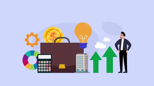 Business Growth and Creative Strategy Concept Vector Illustration with Professional Businessman, Briefcase, Lightbulb, and Financial Icons cartoon animation