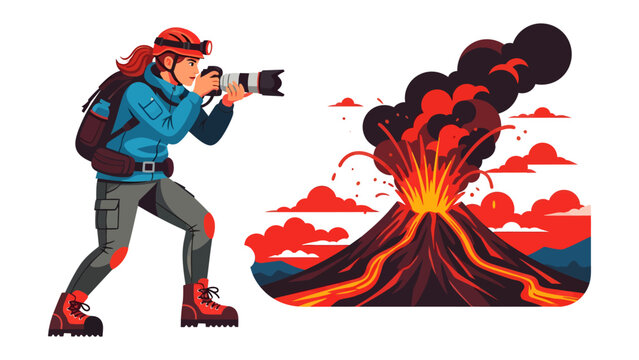 Volcano Photographer: A determined photographer, equipped with a camera and backpack, captures the dramatic spectacle of a volcanic eruption, showcasing the raw power of nature and human curiosity.