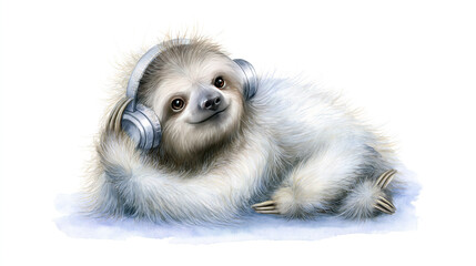 Fototapeta premium Cute sloth listening to music with headphones