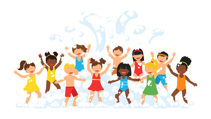 Fototapeta premium Joyful Summer Splash: A vibrant group of diverse children gleefully splash and play in refreshing water, their arms raised in pure delight under a cascade of splashes.