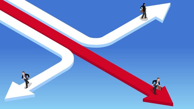 Business Choice and Career Direction: Professionals Running on Diverging Arrow Paths 3d animation cartoon