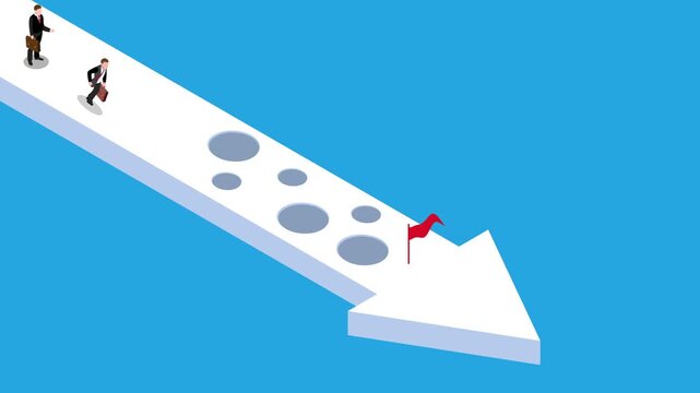 Business Pitfalls and Risk Management Concept: Businessmen Navigating an Arrow Path with Holes Toward a Goal 3d animation cartoon