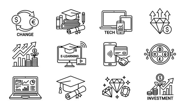 Modern finance and technology line icons with editable diamond exchange vector design