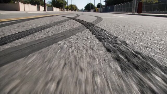 Car skid marks on asphalt road with fast moving ground level camera. Urban street racing and emergency braking concept for automotive safety and insurance advertising