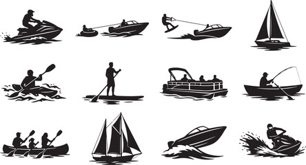 Collection of water sport and boat silhouette icons on a white background isolated on white background, Vector © RobiulIslam
