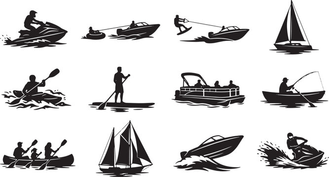 Collection of water sport and boat silhouette icons on a white background isolated on white background, Vector