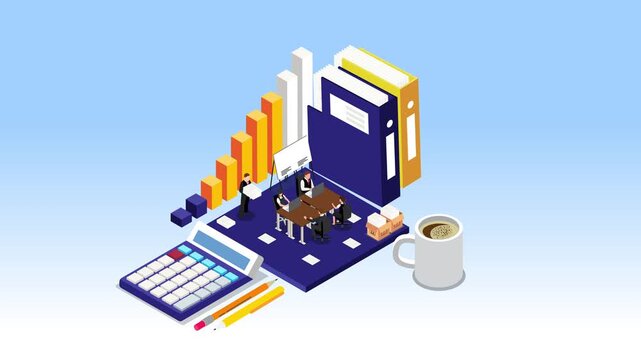 Business Meeting, Financial Data Analysis, and Accounting Concept 3d animation cartoon