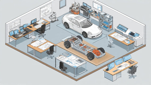 isometric view of modern automotive design workshop with cars workbenches tools and equipment in a professional automotive space
