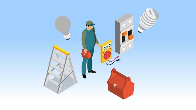 Professional Electrician with Tools, Multimeter, and Electrical Equipment 3d animation cartoon
