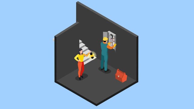 Electrician Repairing Fuse Box during Power Outage in Dark Basement 3d animation cartoon