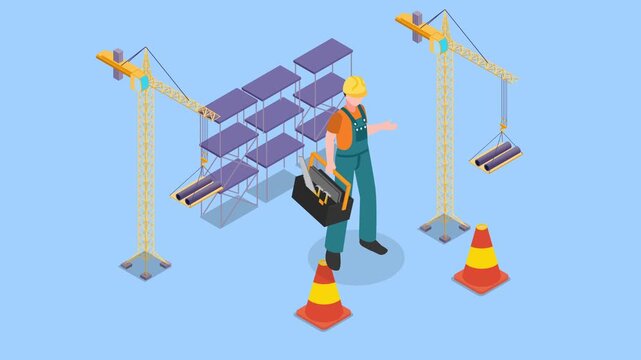 Construction Site with Builder, Tower Cranes, and Scaffolding 3d animation cartoon