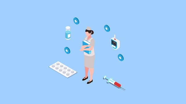 Nurse holding Folder with Diabetes and Medical Icons 3d animation cartoon