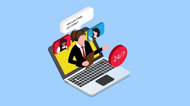 24/7 Customer Support and Virtual Assistant on Laptop 3d animation cartoon
