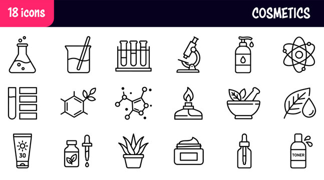 Cosmetic chemistry icon set with laboratory glassware, plant extract, molecular structure, and skincare product
