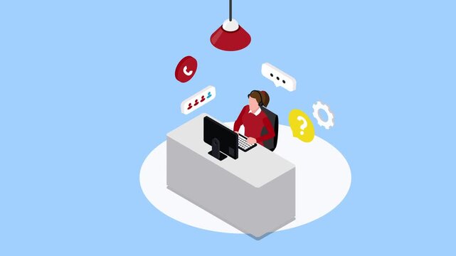 Female Customer Support Agent Working at Office Desk with Communication Icons 3d animation cartoon