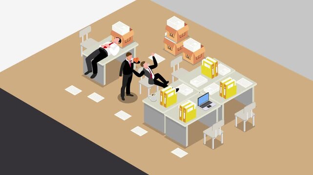 Lazy Employees Sleeping in Office and Angry Boss with Megaphone 3d animation cartoon