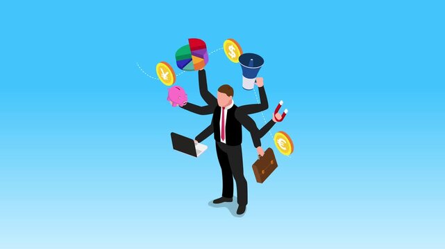 multi-armed business manager multitasking with financial charts, currency icons, piggy bank, laptop, and megaphone 3d animation cartoon