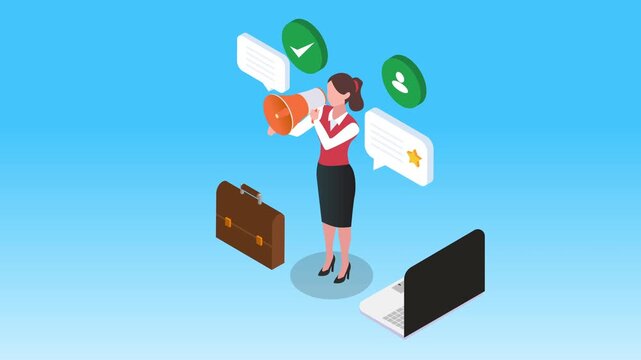 Businesswoman Using Megaphone for Corporate Communication and Marketing Strategy 3d animation cartoon