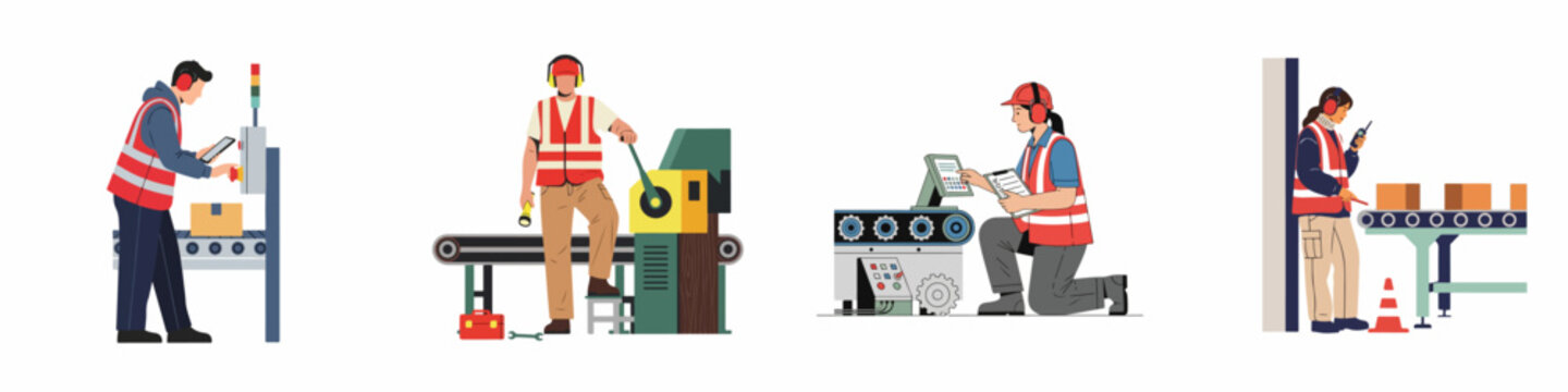 Flat vector illustrations of industrial factory workers operating machinery and conveyor belts with safety equipment and digital devices.