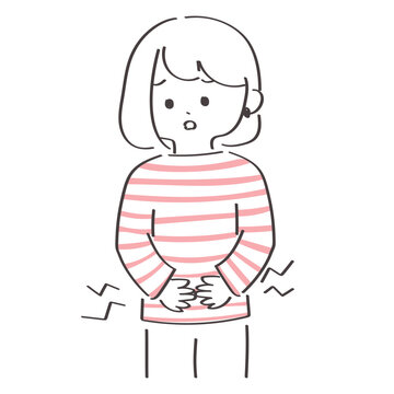 お腹に痛みを感じている女性のかわいいイラスト
