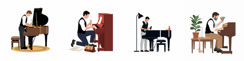 A collection of flat vector illustrations depicting professional piano technicians tuning, repairing, and maintaining grand and upright pianos in various workshop settings. © Rizki