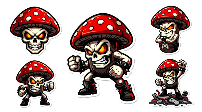Set of cartoon skull mushrooms characters in a fighting stance, depicted in a dark, gritty style with glowing eyes and menacing expressions, suitable for gaming or fantasy themes