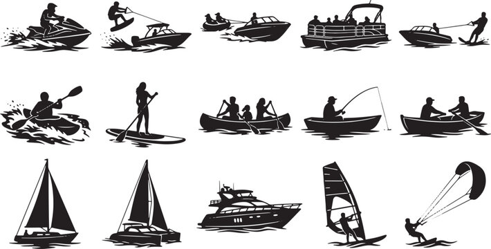 Collection of water sports and boating silhouettes for summer recreation isolated on white background, Vector