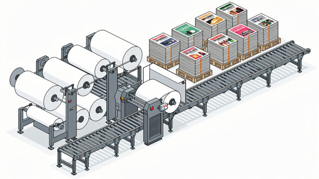 Modern industrial printing machine with rolls of paper and ink cartridges in a factory setting