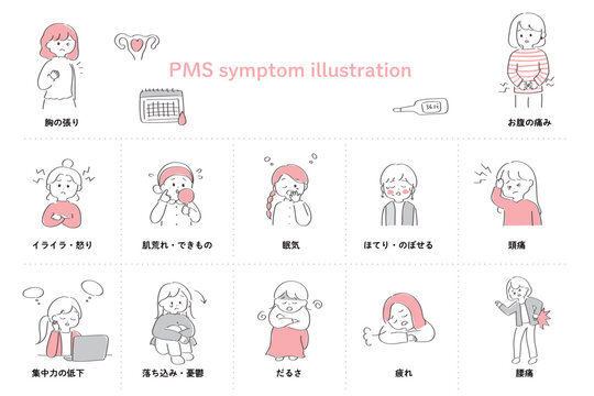 PMSの症状のゆるかわいいイラストセット