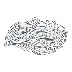 Fototapeta premium Stylized line art illustration of strong wind blowing, carrying leaves, clouds, and a small bird, depicting a breezy or windy weather condition.