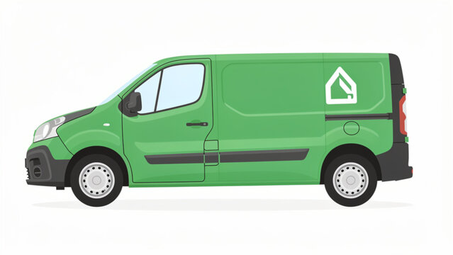 Green delivery van with eco-friendly logo on side in a clean urban environment