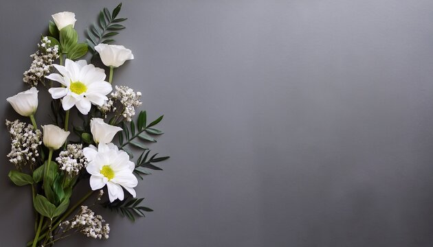 minimalist sympathy condolences card flowers on a muted grey background funeral concept copy space