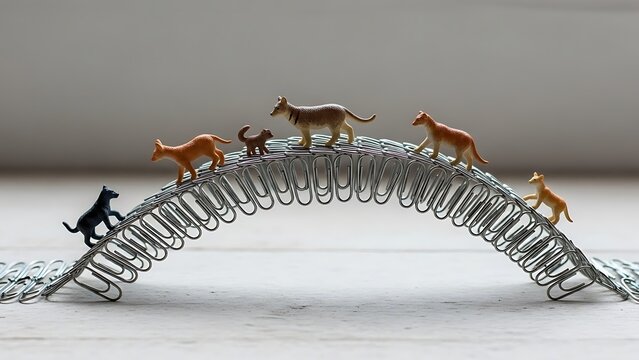 "Miniature animals walking across a coiled metal spring bridge, tiny black figure leading them, creative macro photography, detailed and whimsical"