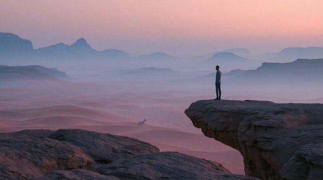Person standing on rocky outcrop at sunrise over desert landscape