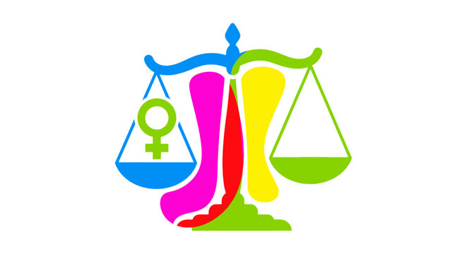 Colorful scale of justice symbol with female gender sign representing equality.
